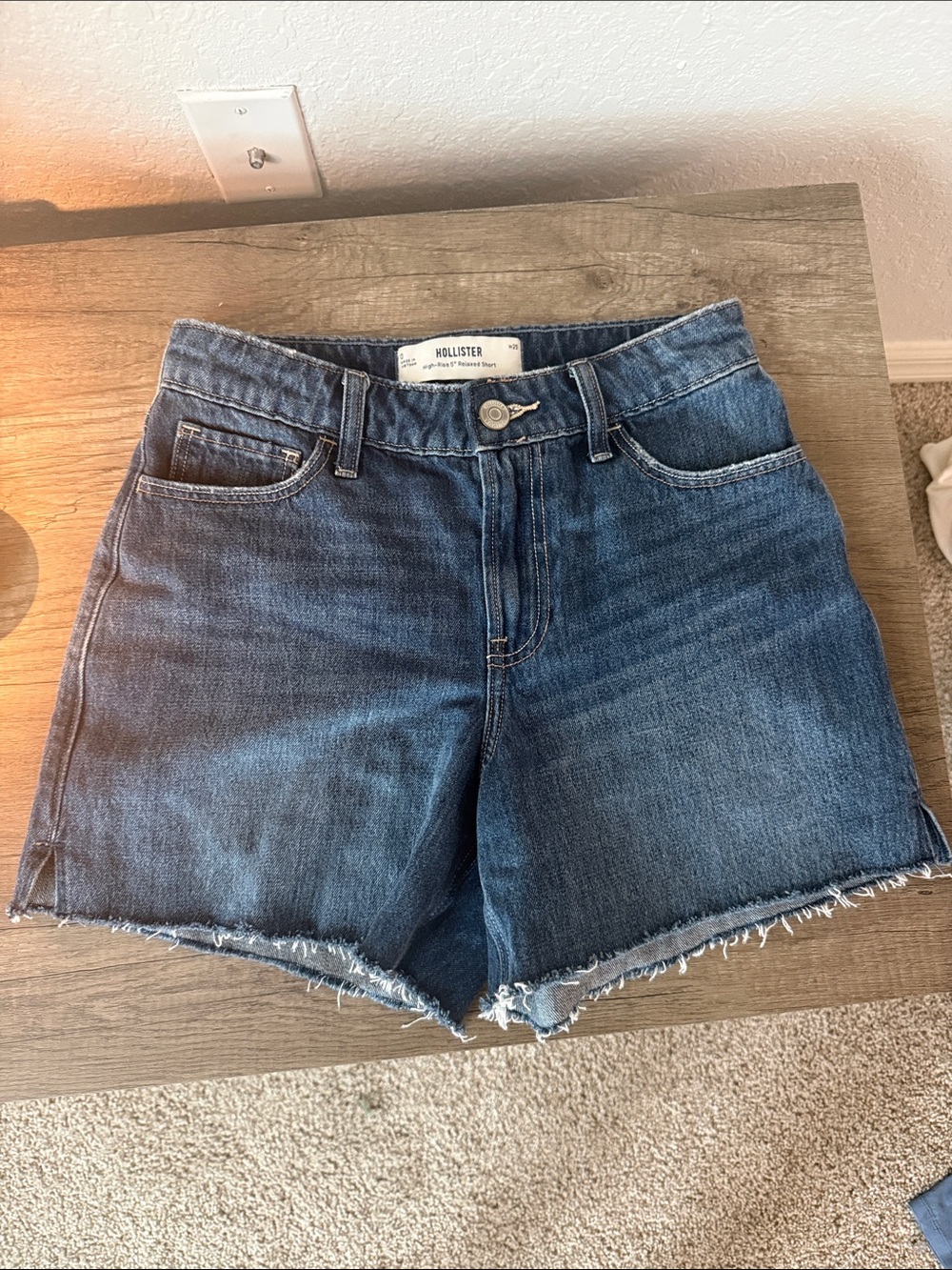 Hollister Dark Indigo High-Rise Frayed Hem Denim Shorts